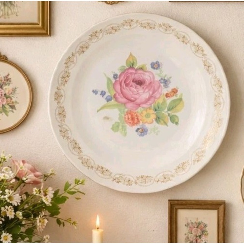 VTG 9.5" Royal China Daisy Ann‎ Pink Rose Floral Plate 22K Gold Trim Cottagecore